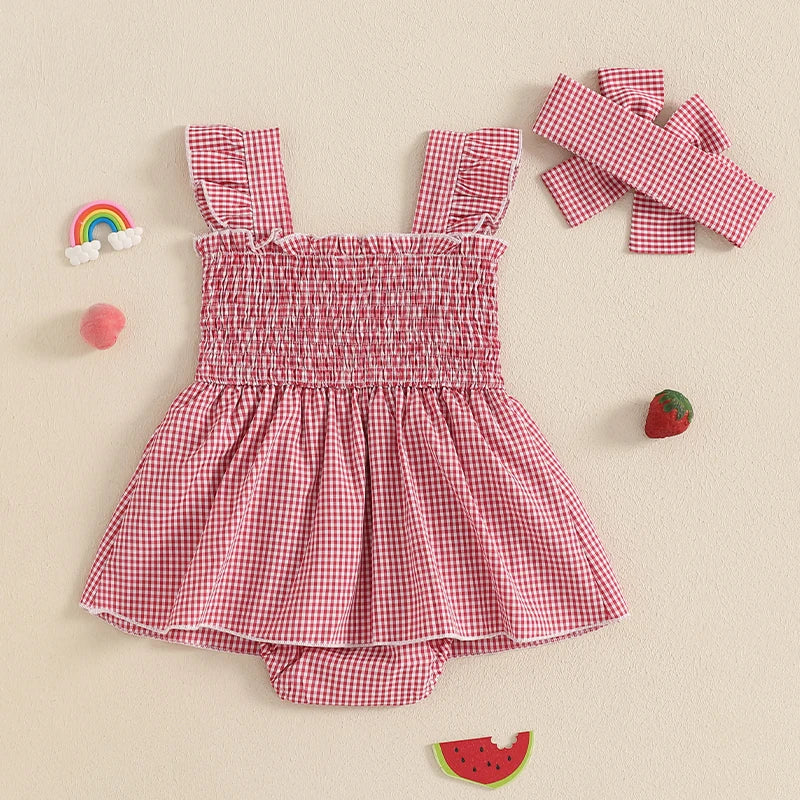 Baby Girl Plaid Romper Dress Strawberry Smocked Fly Sleeve Bodysuit with Headband 2Pcs Summer Outfit