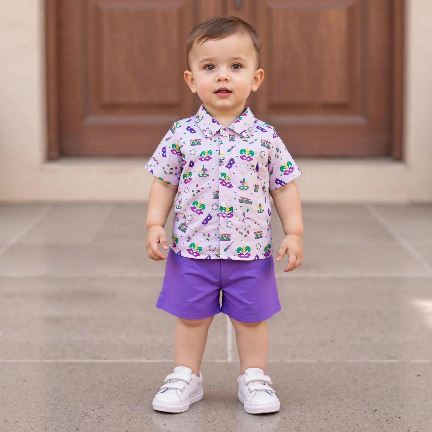 Toddler Little Boy Mardi Gras Outfit Printed Short Sleeve Button-up Shirt and Solid Elastic Waist Shorts 2 Piece Set