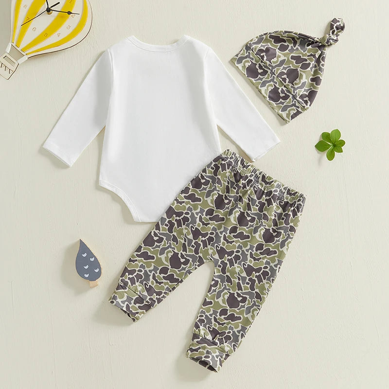 Baby Boys Clothes Set Long Sleeve Crew Neck Letters Print Romper with Cow Cactus Print Sweatpants and Hat Outfit