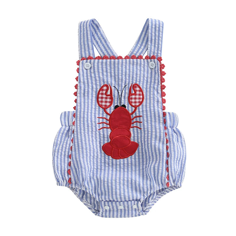 Toddler Baby Boys Summer Overalls Casual Lobster Embroidery Striped Print Sleeveless Jumpsuit Cute Clothes