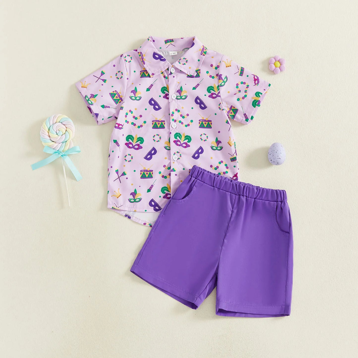 Toddler Little Boy Mardi Gras Outfit Printed Short Sleeve Button-up Shirt and Solid Elastic Waist Shorts 2 Piece Set