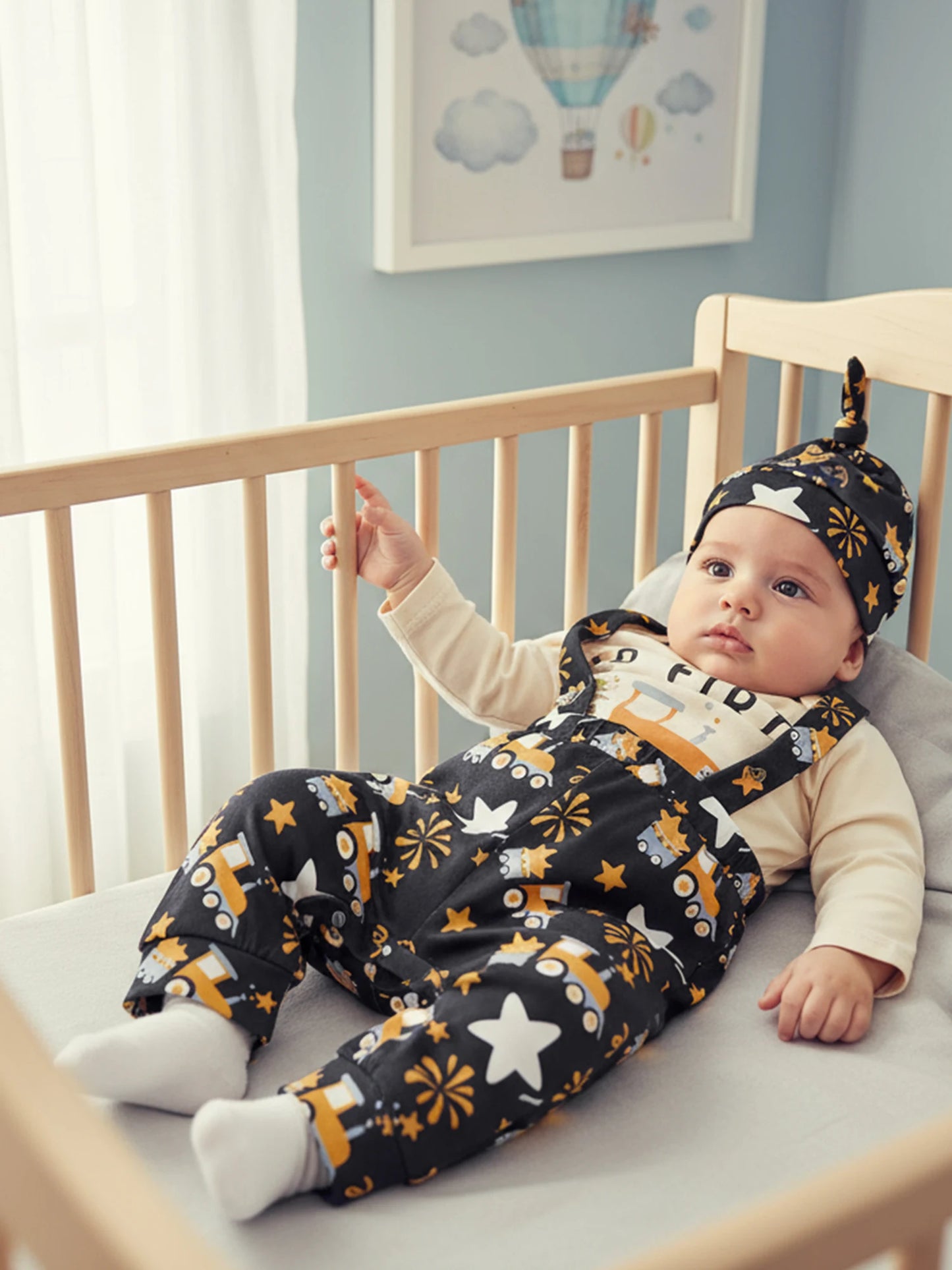 Baby Boy Outfit Long Sleeve Letters Print Romper with Firework Overall Pants and Hat New Year Infant Outfit