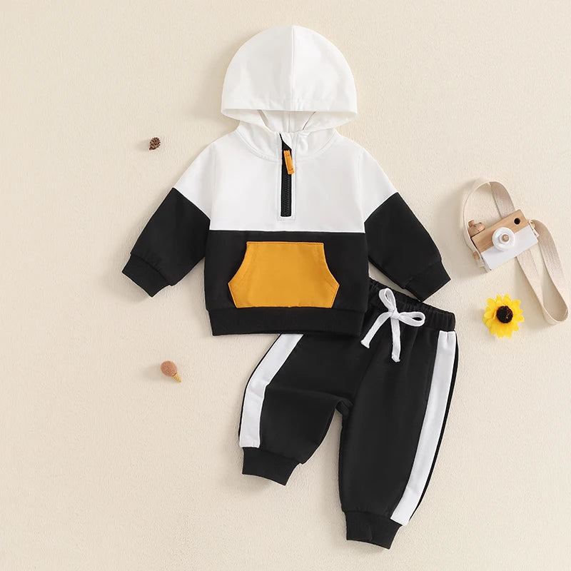 6m-3Y Baby Boy Fall Outfit Contrast Colors Long Sleeve Hoodie Sweatshirt and Elastic Pants 2 Piece Clothes for Toddler