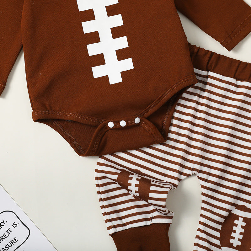 Baby Boy Girl Football Outfit Long Sleeve Sweatshirt Romper Rugby Stripe Elastic Pants 3PCS Clothes