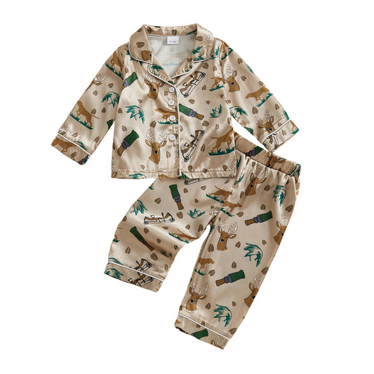 2Pcs Hunting Pajamas Sets for Toddler Boy Long Sleeve Button Down Lapel V Neck Tops with Elastic Waist Pants Nightwear