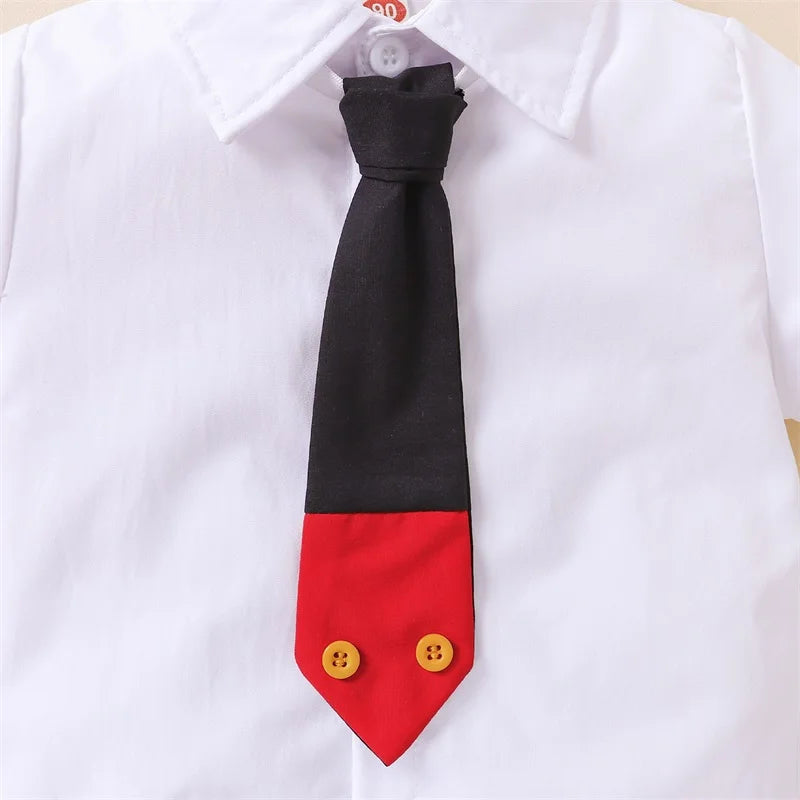 2 Pieces Kids Suit Set Summer Lapel Short Sleeve Shirt with Necktie Short Pants for Boys 1-8 Years
