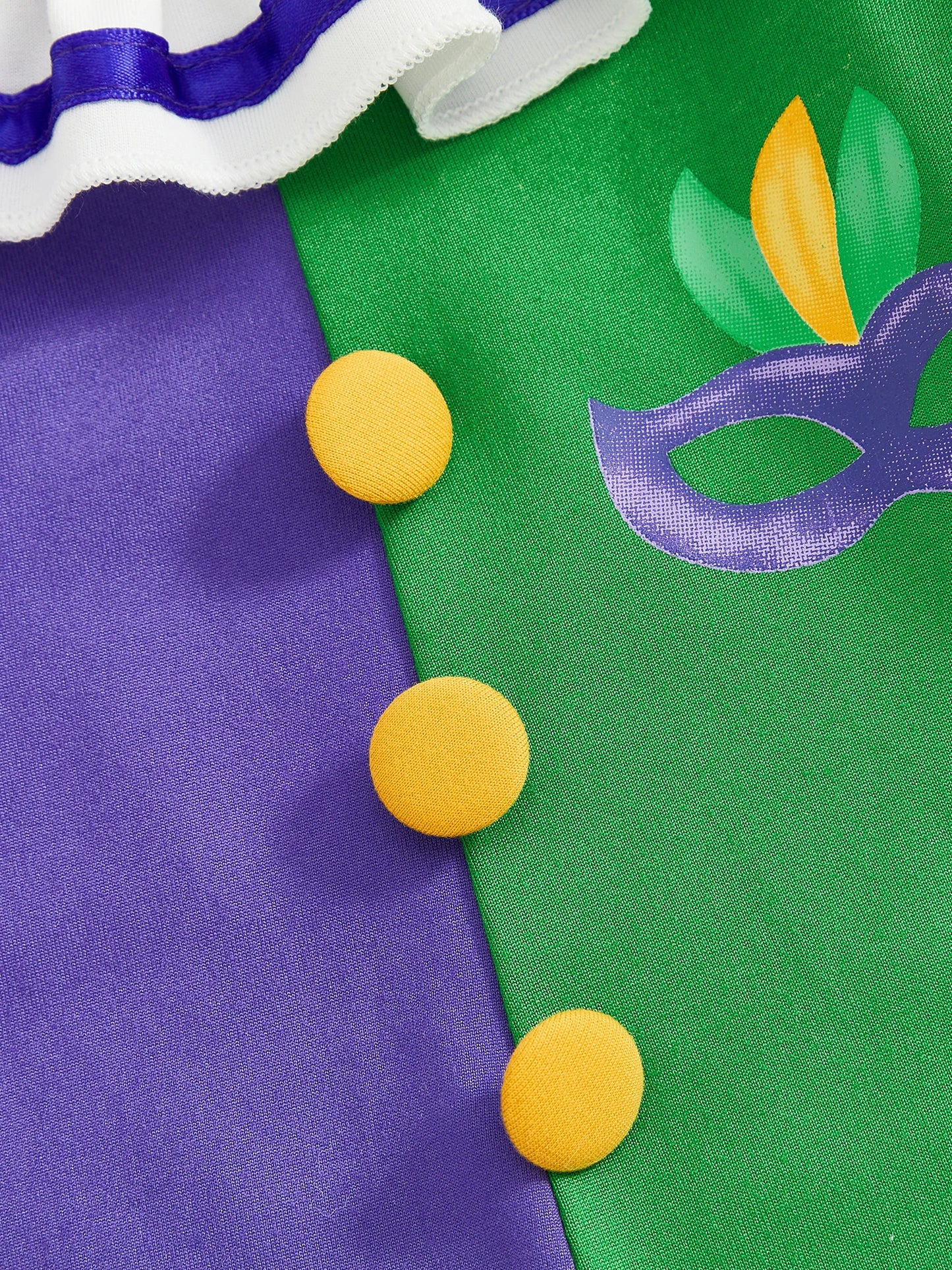 Mardi Gras Themed Romper Contrast Color Ruffled Neckline Long Sleeve Facewear Print Jumpsuit