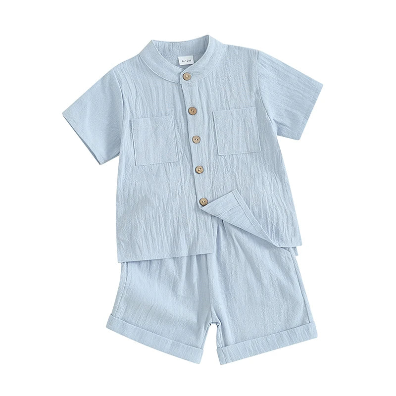 Kids Boys Summer Linen Outfits Solid Color Buttons Short Sleeve Tops and Elastic Waist Shorts 2Pcs Clothes Set