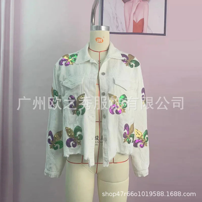 Corduroy Women Mardi Gras Jacket Iris Glitter Cardigan Purple Lapels Single Breasted Spliced Women's Coat Jackets