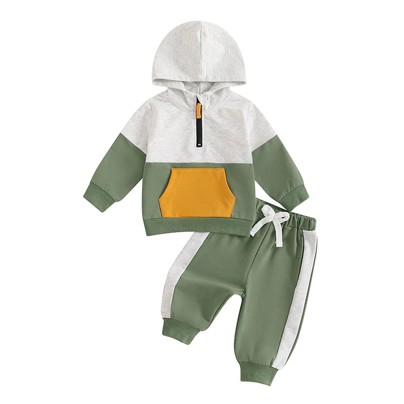 6m-3Y Baby Boy Fall Outfit Contrast Colors Long Sleeve Hoodie Sweatshirt and Elastic Pants 2 Piece Clothes for Toddler