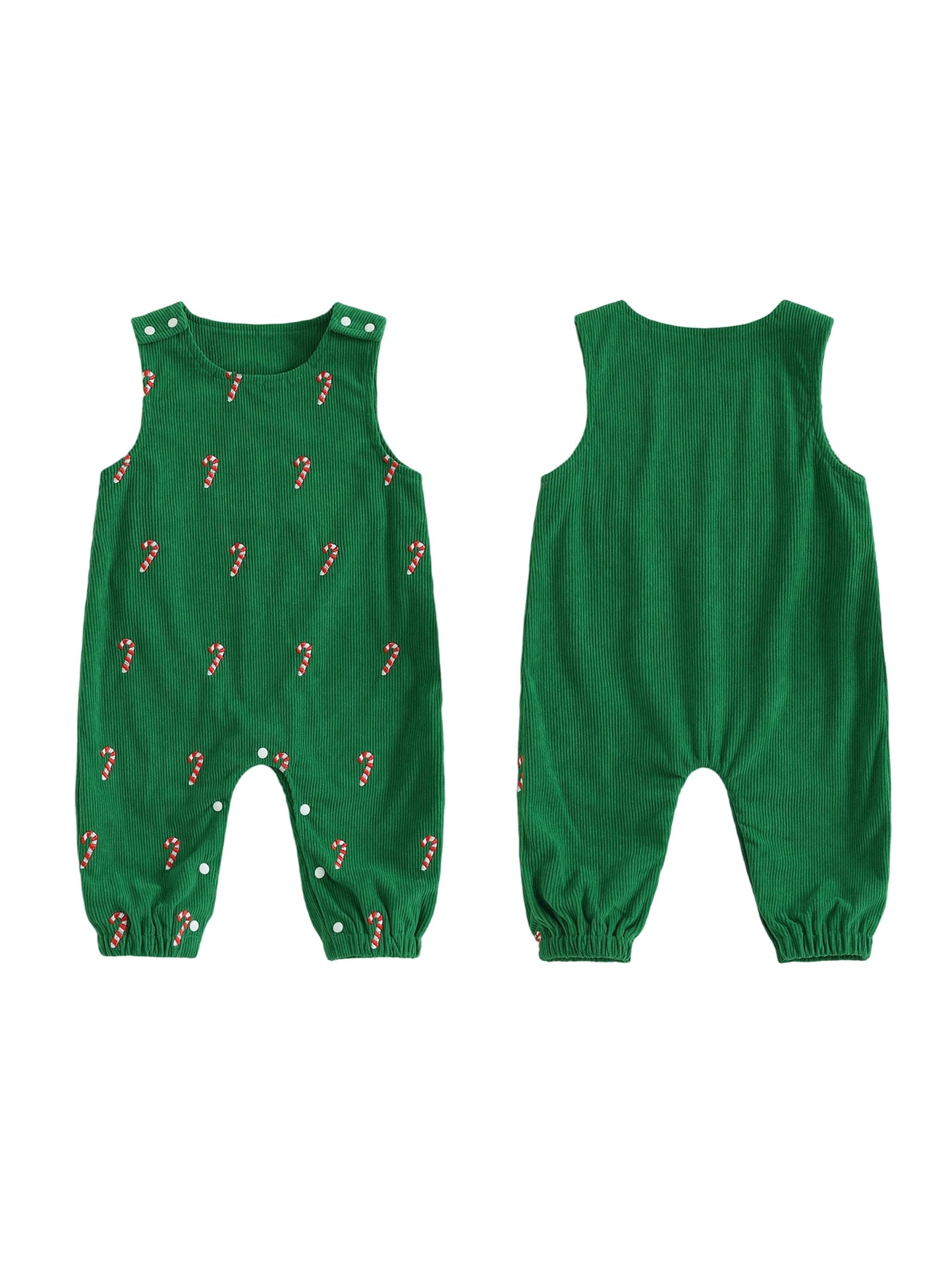 Boys Girls Christmas Romper Sleeveless Round Neck Candy Cane Embroidery Jumpsuit