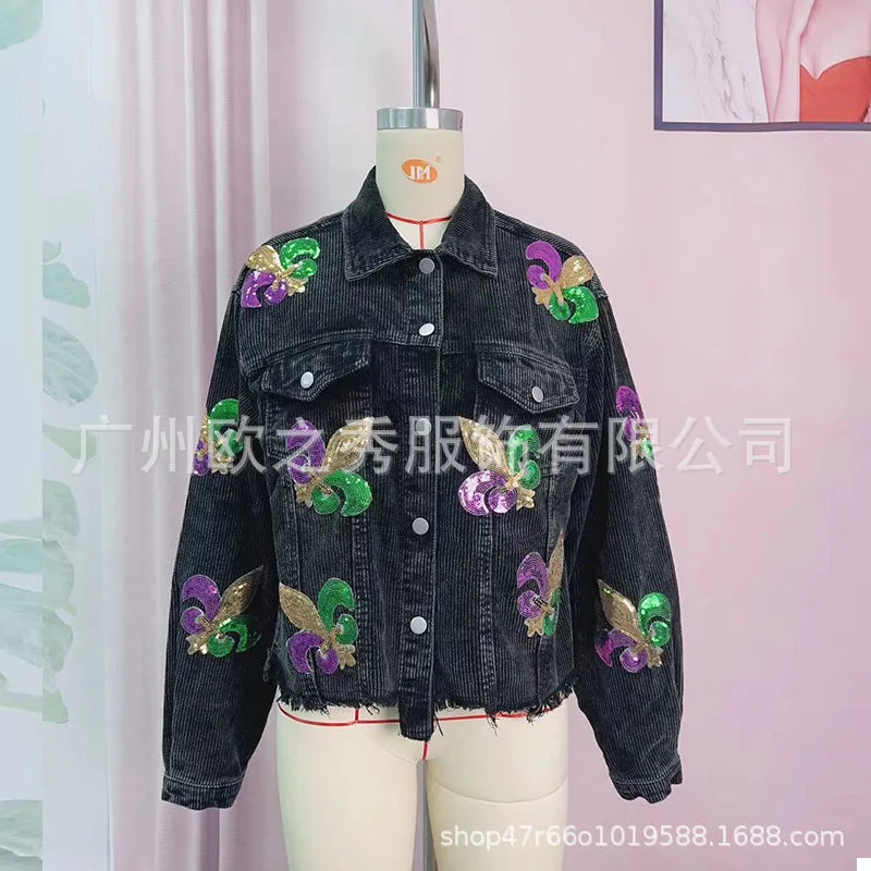 Corduroy Women Mardi Gras Jacket Iris Glitter Cardigan Purple Lapels Single Breasted Spliced Women's Coat Jackets