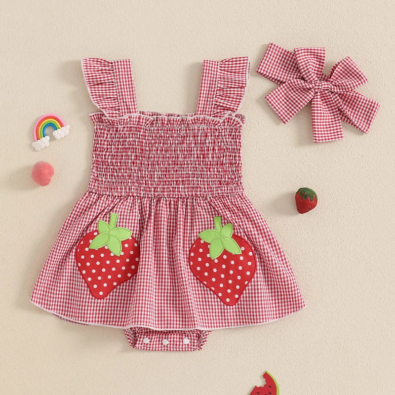 Baby Girl Plaid Romper Dress Strawberry Smocked Fly Sleeve Bodysuit with Headband 2Pcs Summer Outfit
