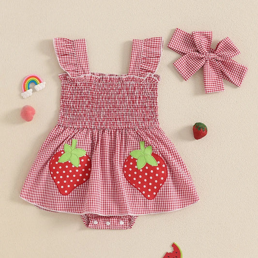 Baby Girl Plaid Romper Dress Strawberry Smocked Fly Sleeve Bodysuit with Headband 2Pcs Summer Outfit
