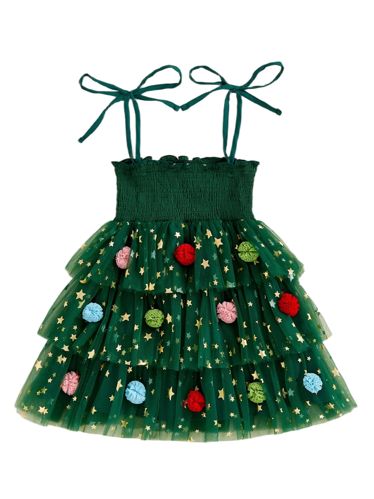 Toddler Girl Christmas A Line Dress Star Print Sleeveless Tie-up Strap Smocked Tulle Cake Dress