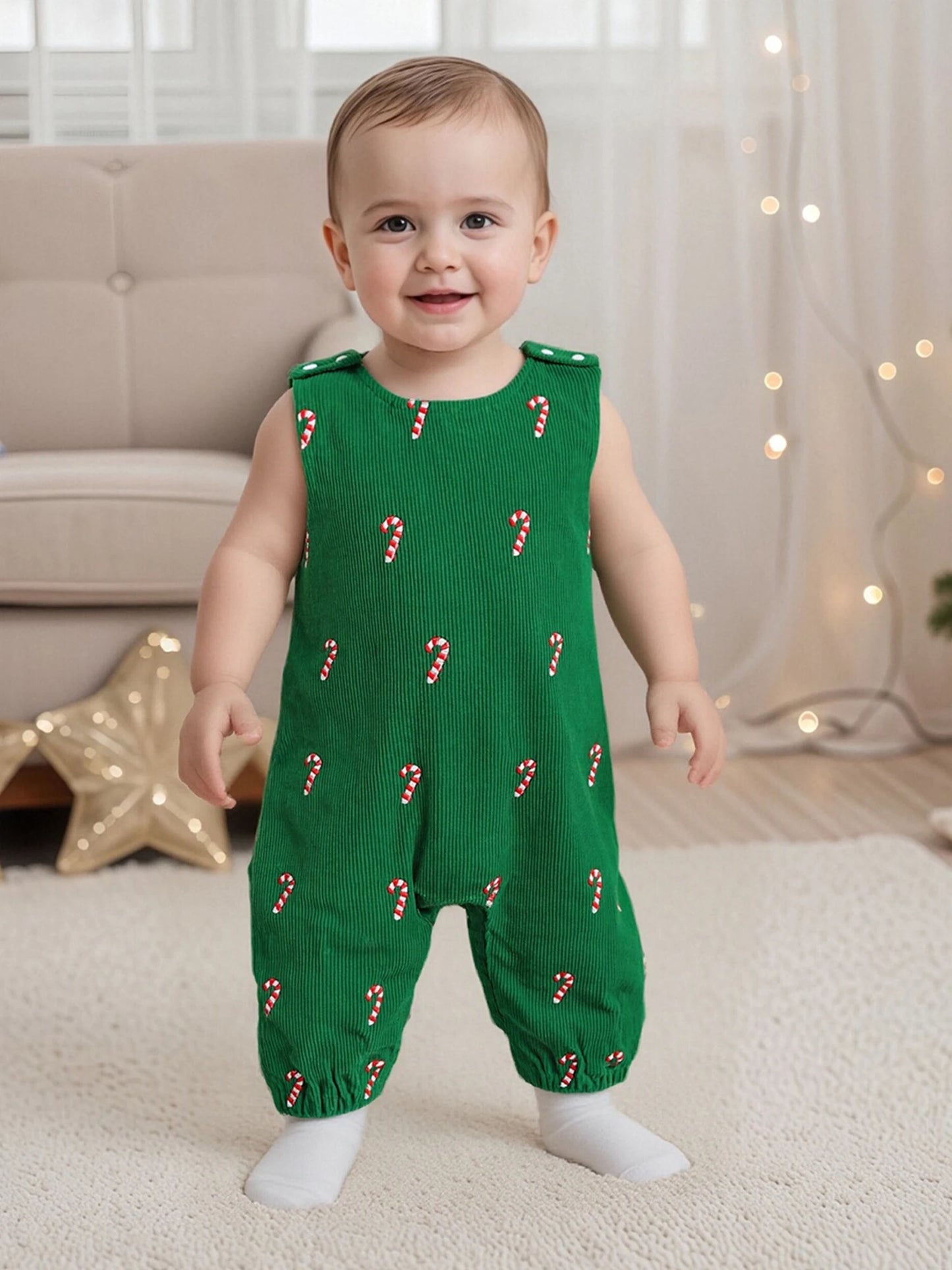 Boys Girls Christmas Romper Sleeveless Round Neck Candy Cane Embroidery Jumpsuit