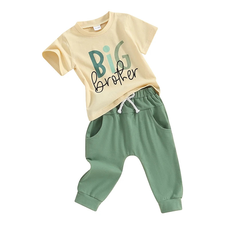 Summer Baby Boys Brother Outfit Letter Print Short Sleeve T-Shirt and Elastic Pants Clothes Set