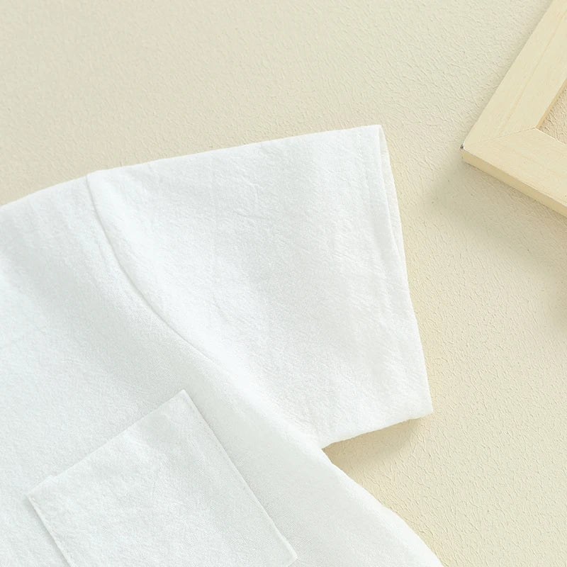 Kids Boys Summer Linen Outfits Solid Color Buttons Short Sleeve Tops and Elastic Waist Shorts 2Pcs Clothes Set