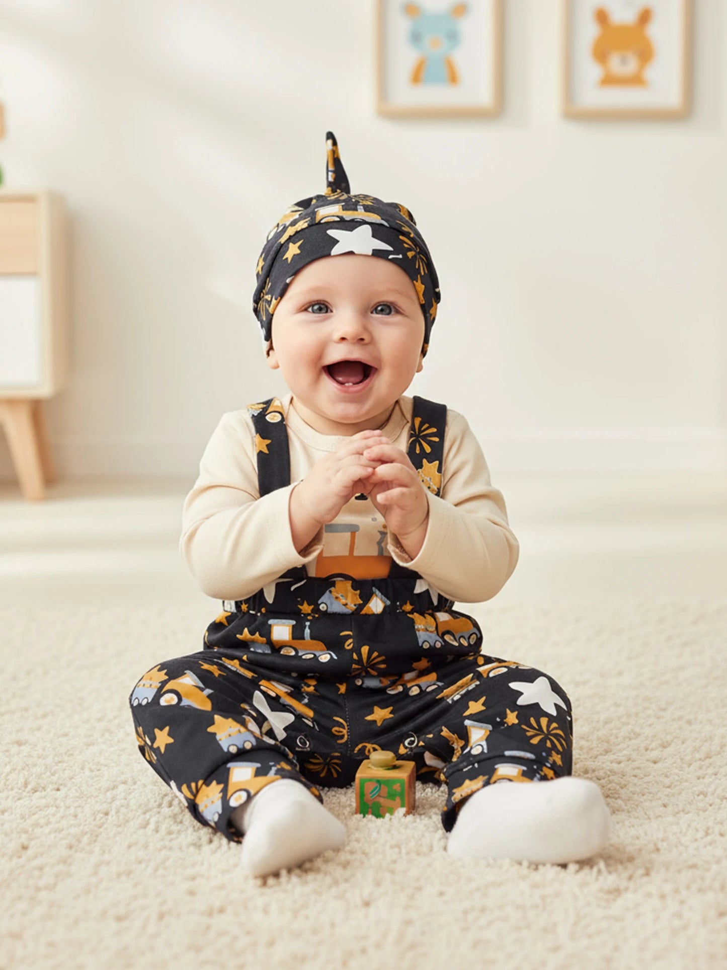 Baby Boy Outfit Long Sleeve Letters Print Romper with Firework Overall Pants and Hat New Year Infant Outfit
