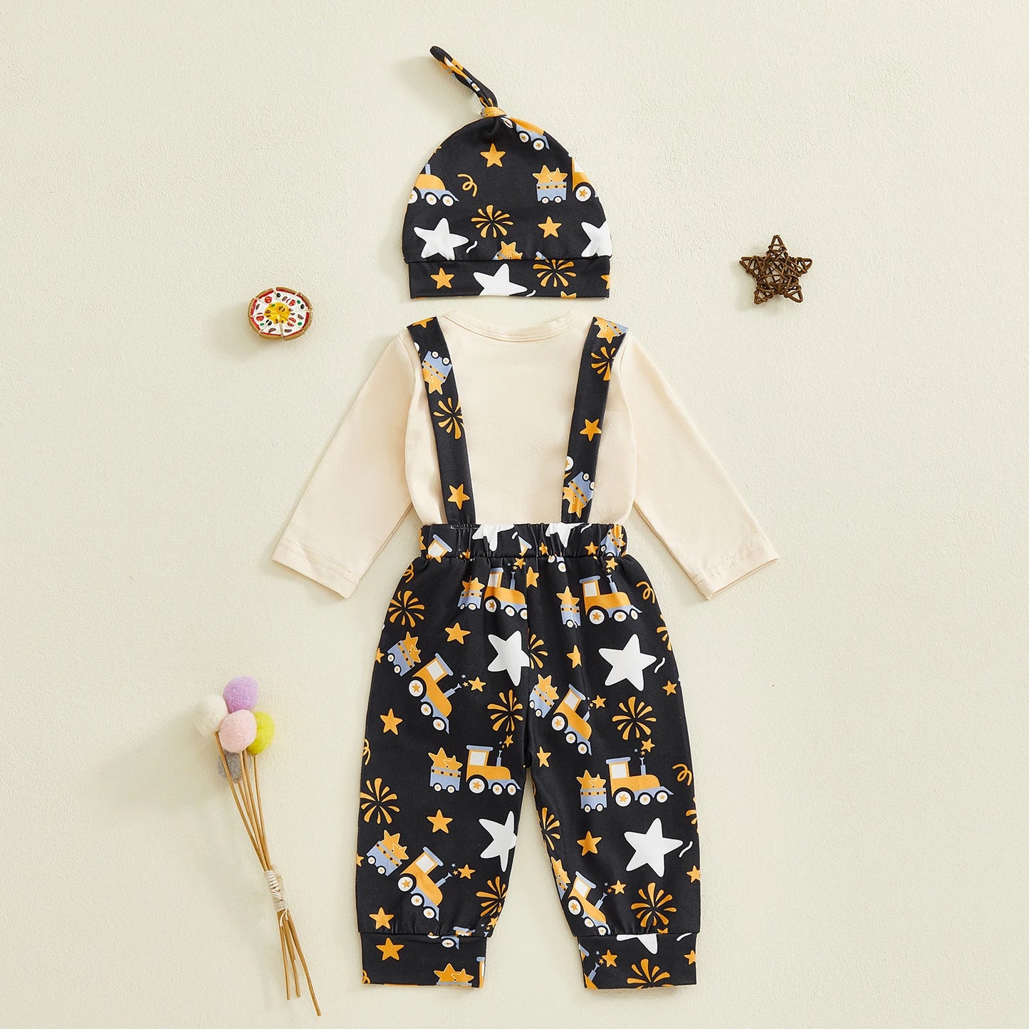 Baby Boy Outfit Long Sleeve Letters Print Romper with Firework Overall Pants and Hat New Year Infant Outfit