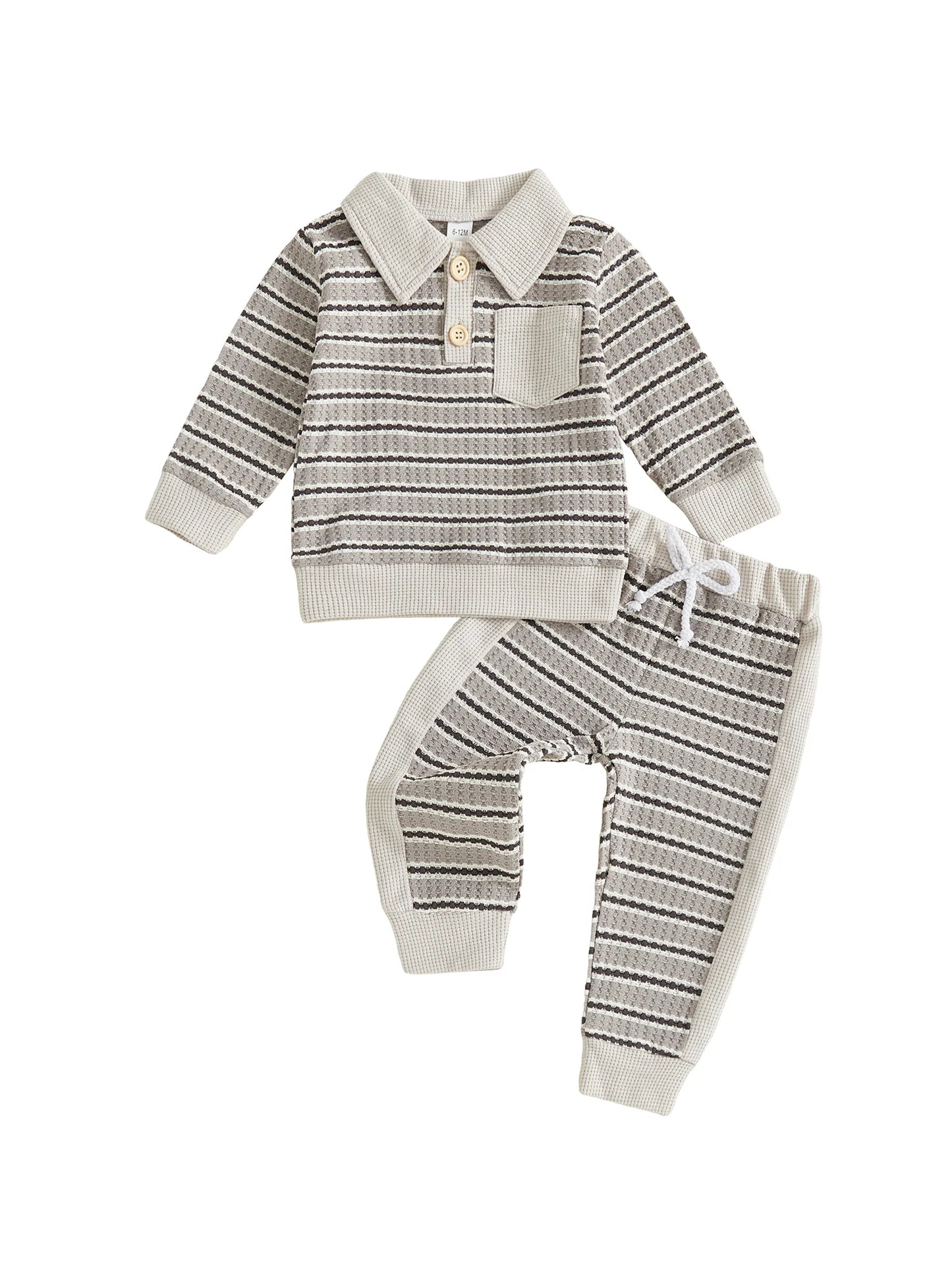 Toddler Boy Fall Outfits Stripe Long Sleeve Lapel Button Pullover + Elastic Waist Pants 2Pcs Set