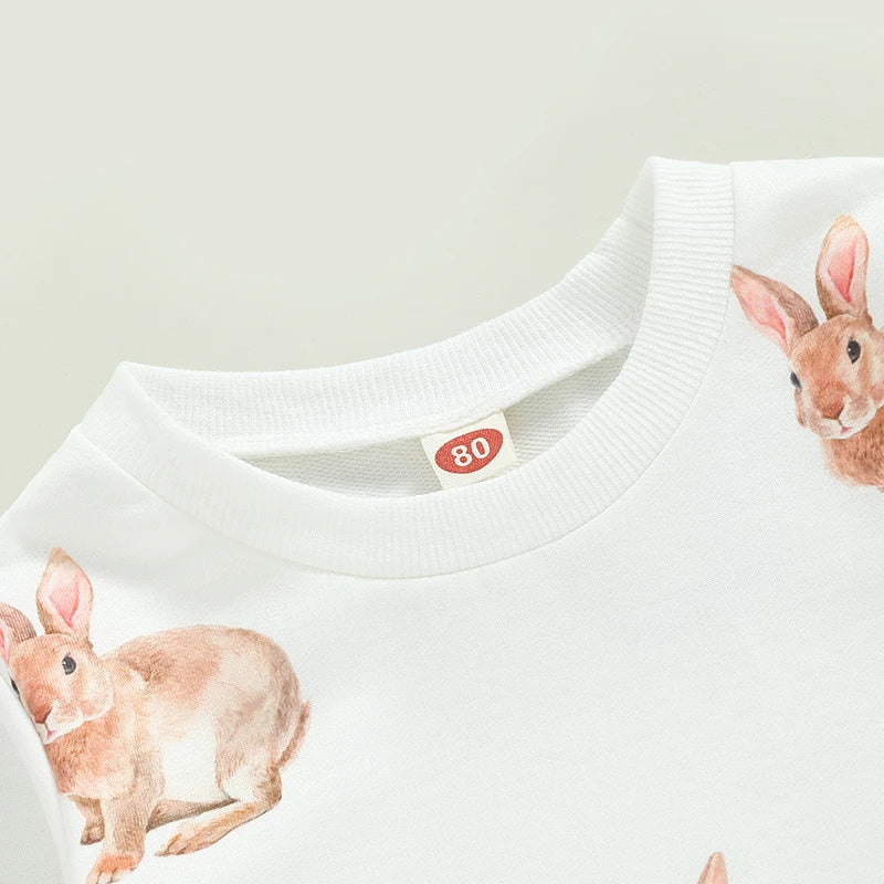 Girls Easter Clothes Set, Rabbit Print Long Sleeve Crew Neck Sweatshirts with Solid Flare Pants