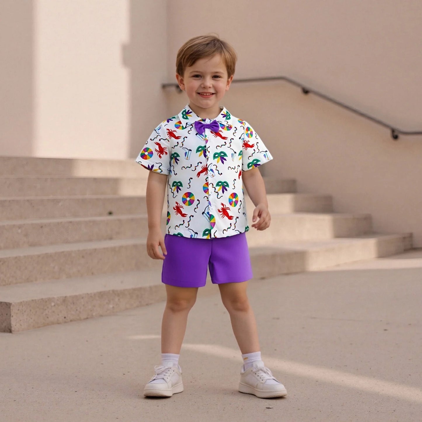 Toddler Boy Mardi Gras Outfit Facewear Print Short Sleeve Bowtie Shirt Solid Elastic Waist Shorts 2 Piece Gentleman Set