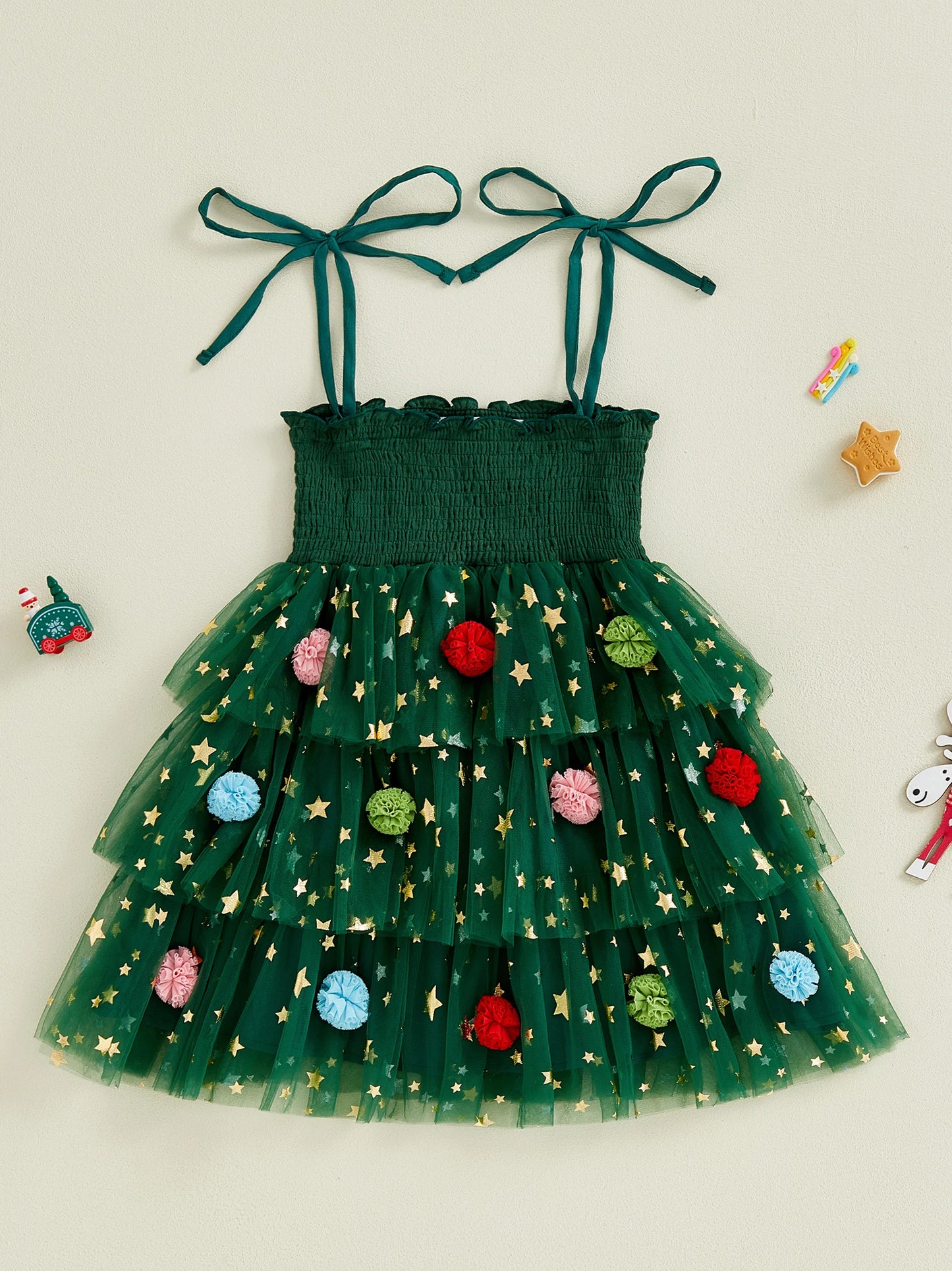 Toddler Girl Christmas A Line Dress Star Print Sleeveless Tie-up Strap Smocked Tulle Cake Dress