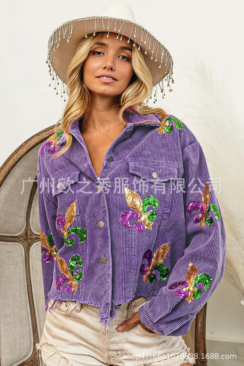 Corduroy Women Mardi Gras Jacket Iris Glitter Cardigan Purple Lapels Single Breasted Spliced Women's Coat Jackets
