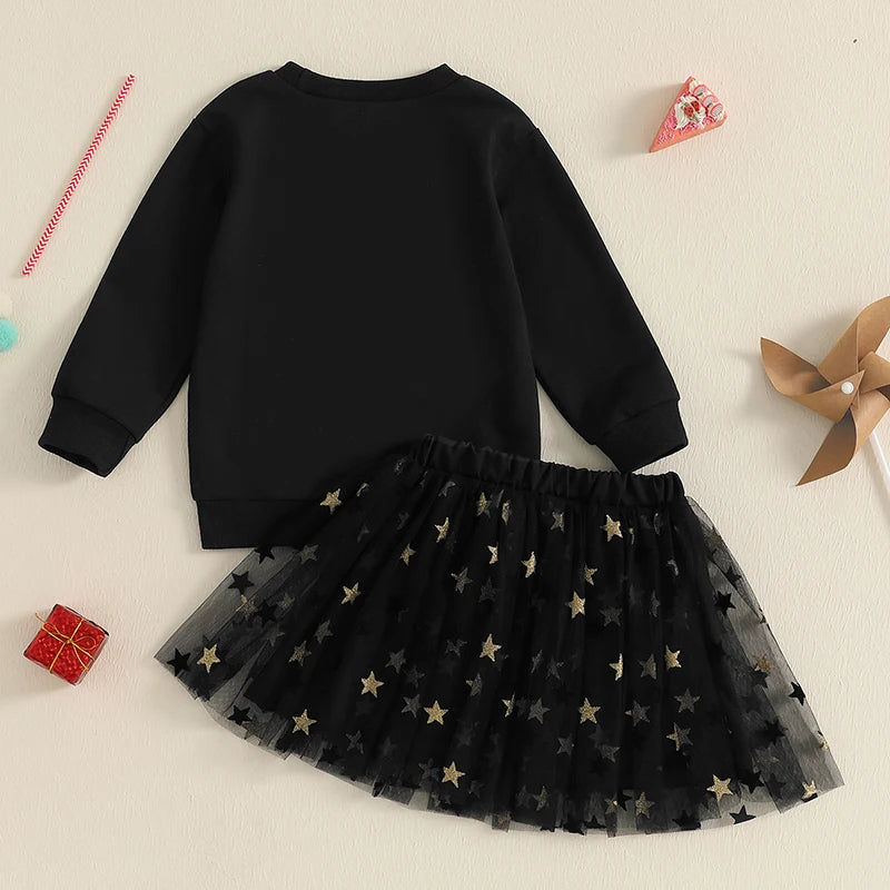Toddler Kids Girl New Year Skirt Outfit Letter Embroidery Long Sleeve Sweatshirt Glitter Star Print Tulle Skirt Clothing Set