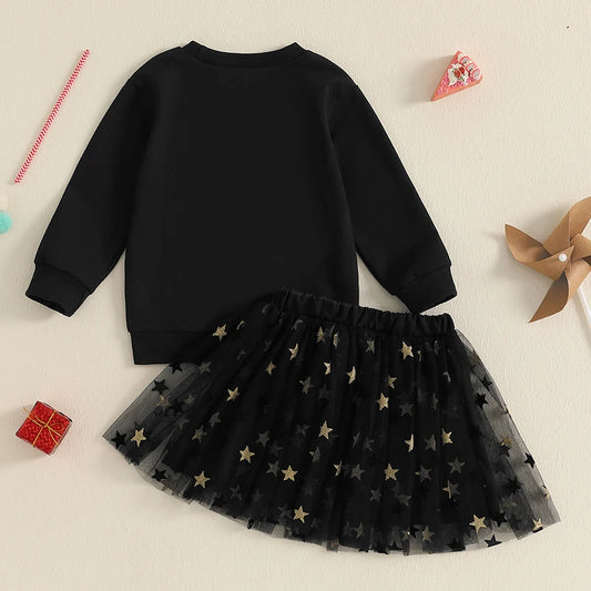 Toddler Kids Girl New Year Skirt Outfit Letter Embroidery Long Sleeve Sweatshirt Glitter Star Print Tulle Skirt Clothing Set