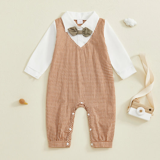 Newborn Baby Boy Romper Gentleman Plaid Print Long Sleeve Turn Down Collar Full Length Jumpsuit
