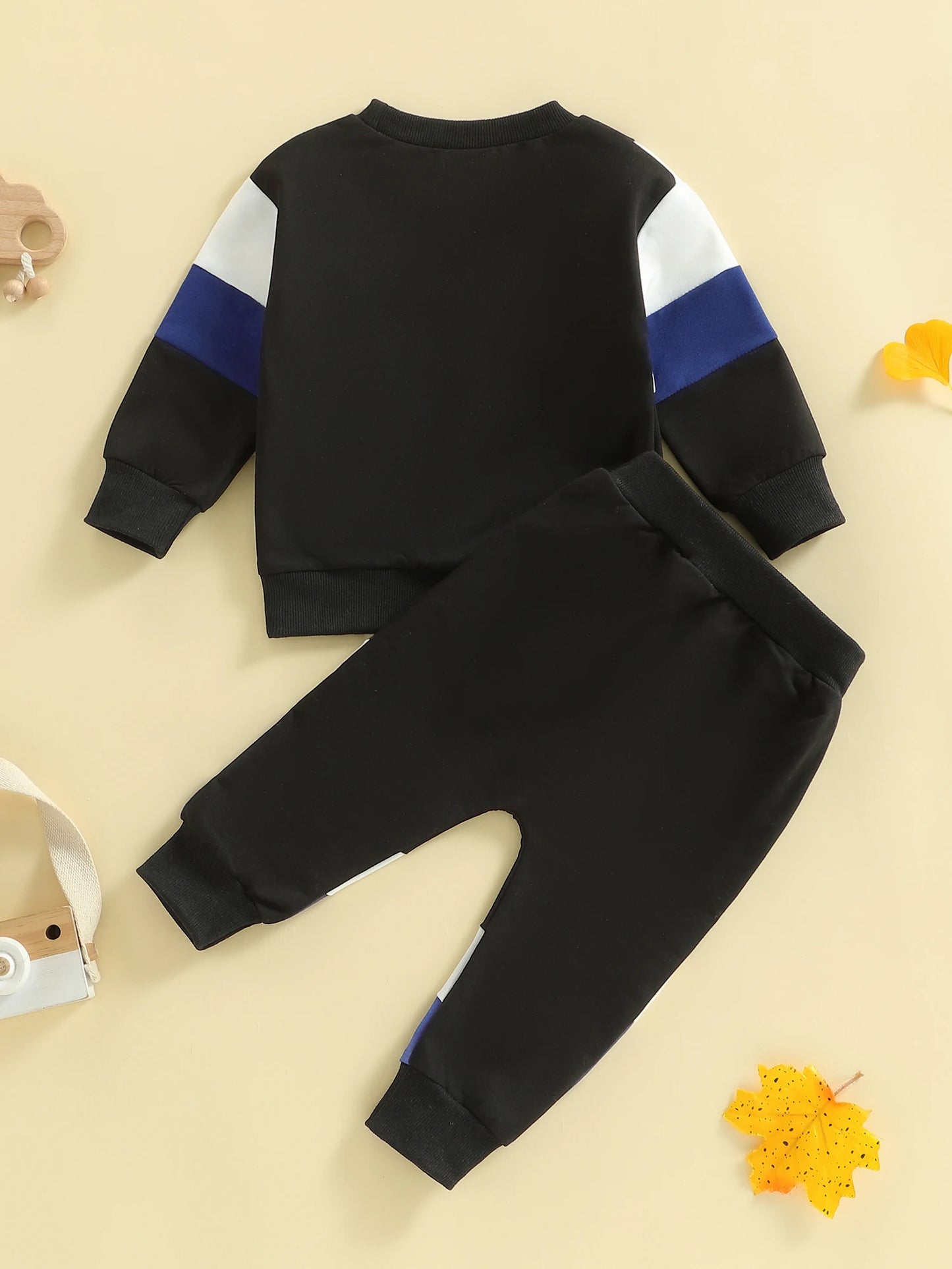 2Pcs Toddler Boy Fall Outfits Long Sleeve Crew Neck Patchwork Pullover Sweatshirt and Joggers Pants Set