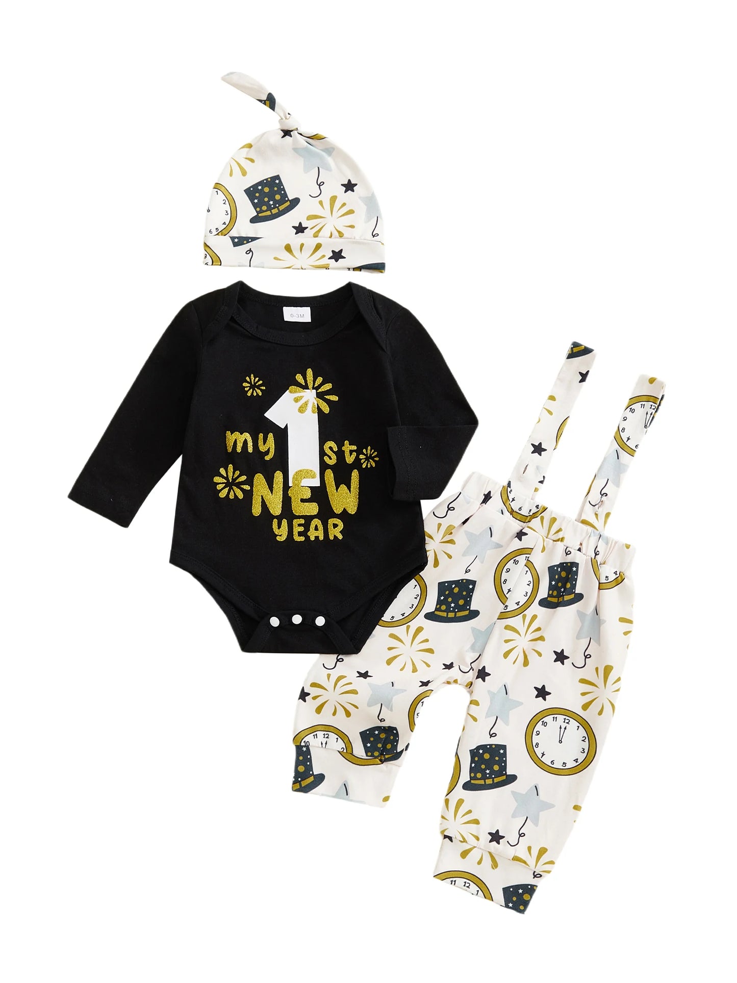 Baby Boy Outfit Long Sleeve Letters Print Romper with Firework Overall Pants and Hat New Year Infant Outfit