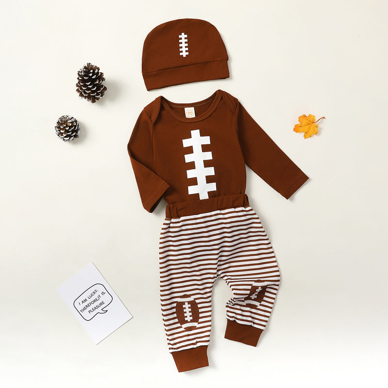 Baby Boy Girl Football Outfit Long Sleeve Sweatshirt Romper Rugby Stripe Elastic Pants 3PCS Clothes