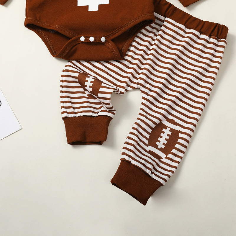 Baby Boy Girl Football Outfit Long Sleeve Sweatshirt Romper Rugby Stripe Elastic Pants 3PCS Clothes