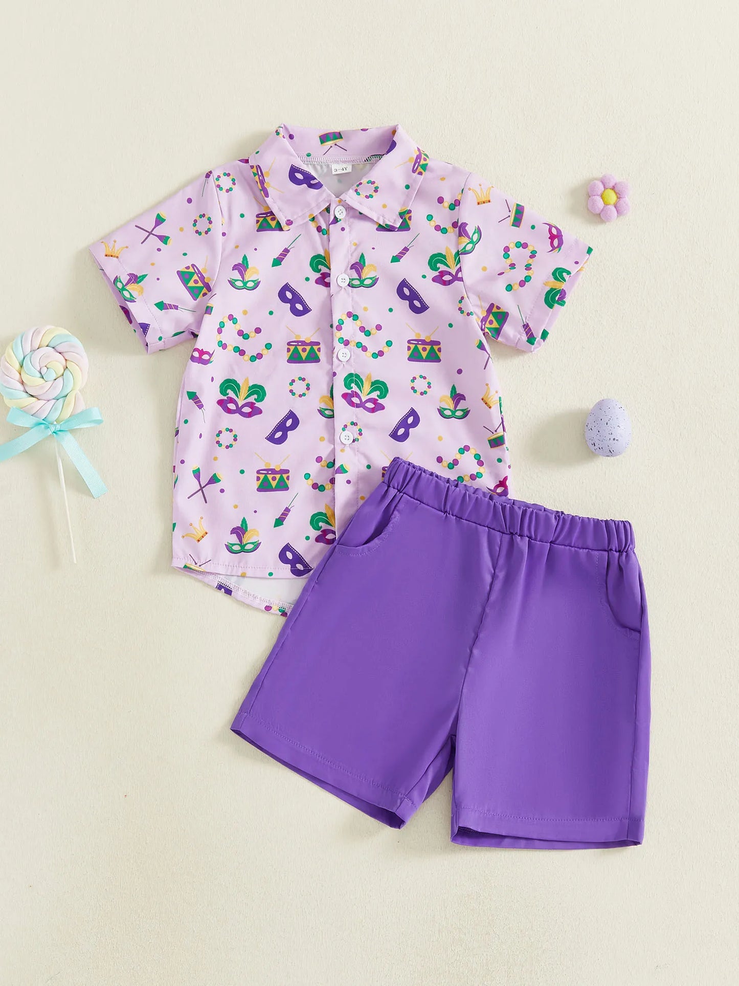 Toddler Little Boy Mardi Gras Outfit Printed Short Sleeve Button-up Shirt and Solid Elastic Waist Shorts 2 Piece Set