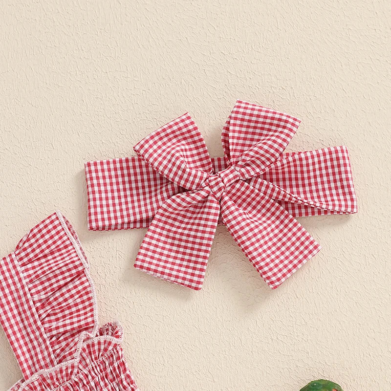Baby Girl Plaid Romper Dress Strawberry Smocked Fly Sleeve Bodysuit with Headband 2Pcs Summer Outfit