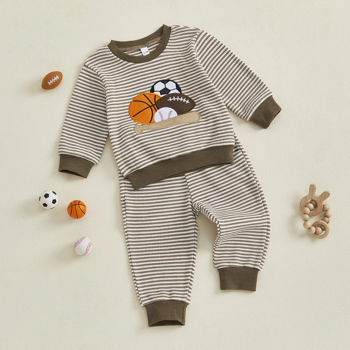 Lioraitiin Toddler Baby Boy Fall Outfit Rugby Embroidery Striped Long Sleeve Sweatshirt and Elastic Pants 2 Piece Clothes