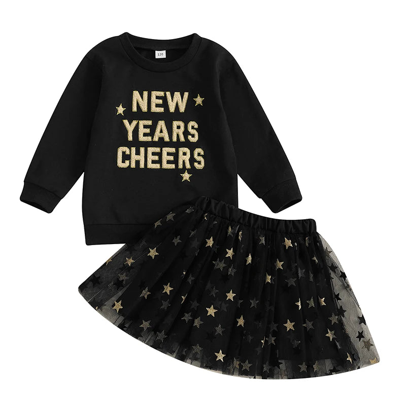 Toddler Kids Girl New Year Skirt Outfit Letter Embroidery Long Sleeve Sweatshirt Glitter Star Print Tulle Skirt Clothing Set