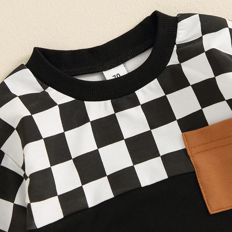 Toddler Boy Fall Clothes Checkerboard Print Long Sleeve Pocket Sweatshirt with Solid Color Pants 2Pcs Outfits
