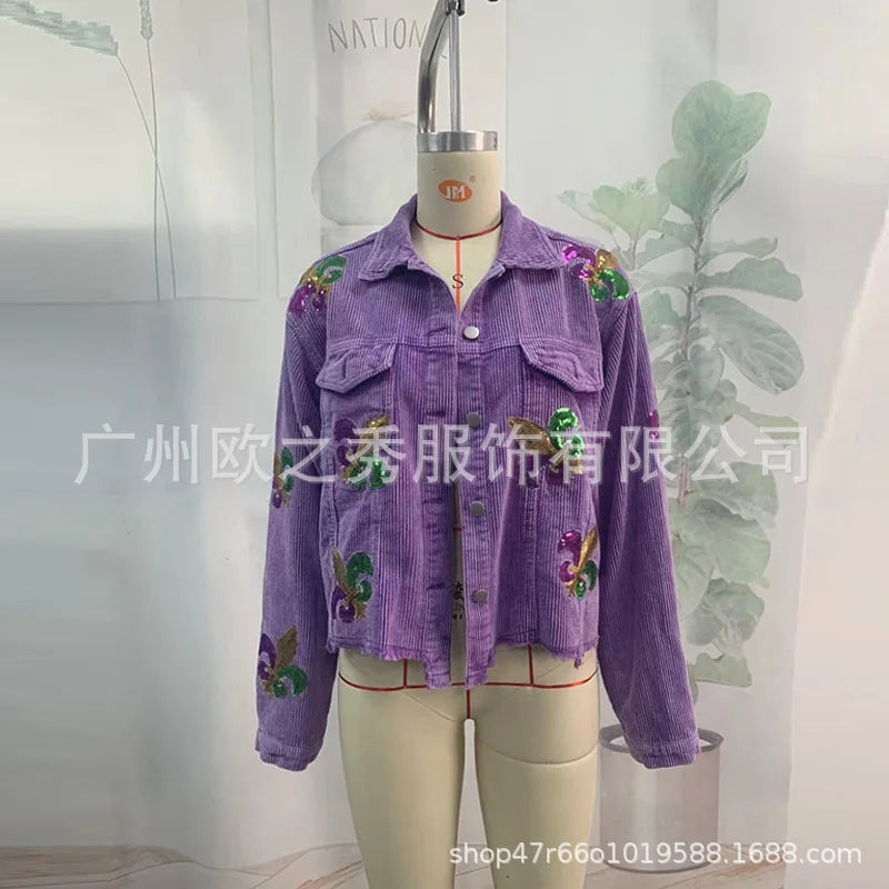 Corduroy Women Mardi Gras Jacket Iris Glitter Cardigan Purple Lapels Single Breasted Spliced Women's Coat Jackets