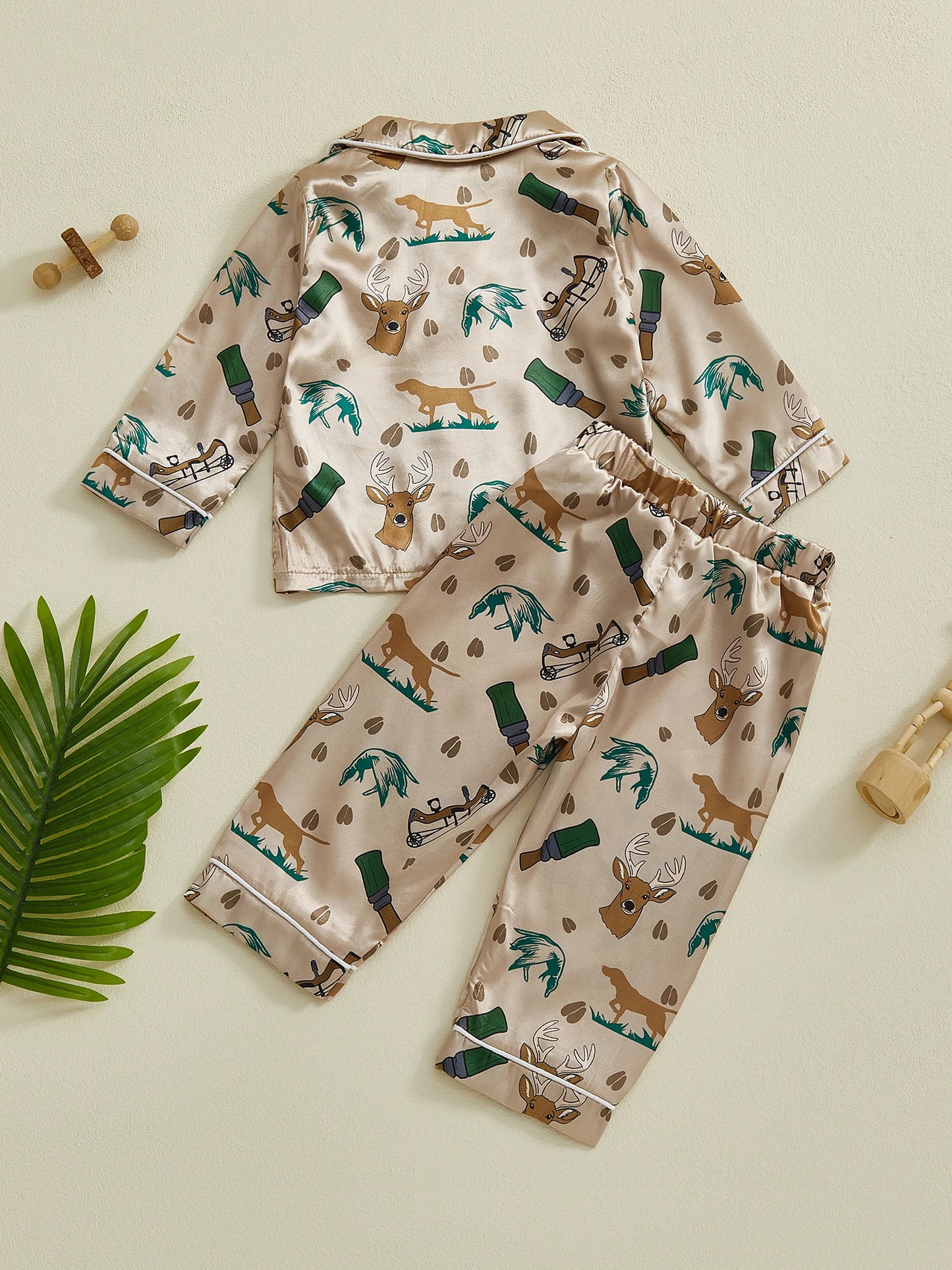 2Pcs Hunting Pajamas Sets for Toddler Boy Long Sleeve Button Down Lapel V Neck Tops with Elastic Waist Pants Nightwear