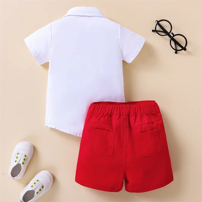 2 Pieces Kids Suit Set Summer Lapel Short Sleeve Shirt with Necktie Short Pants for Boys 1-8 Years