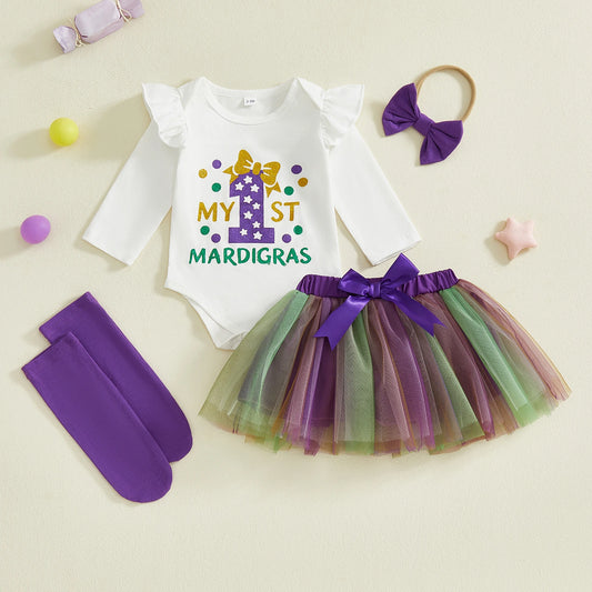 Baby Girl First Mardi Gras Outfit Glitter Letter Long Sleeve Romper Contrast Tulle Skirt Bow Headband and Stocking Set