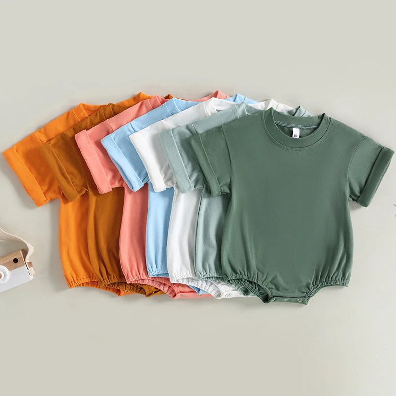 0-24M Baby Boys Girls Summer Casual Rompers Clothes Solid Short Sleeve O-neck Loose Jumpsuits Playsuits