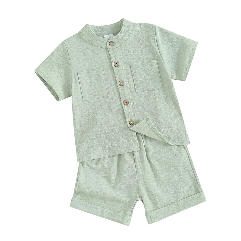Kids Boys Summer Linen Outfits Solid Color Buttons Short Sleeve Tops and Elastic Waist Shorts 2Pcs Clothes Set