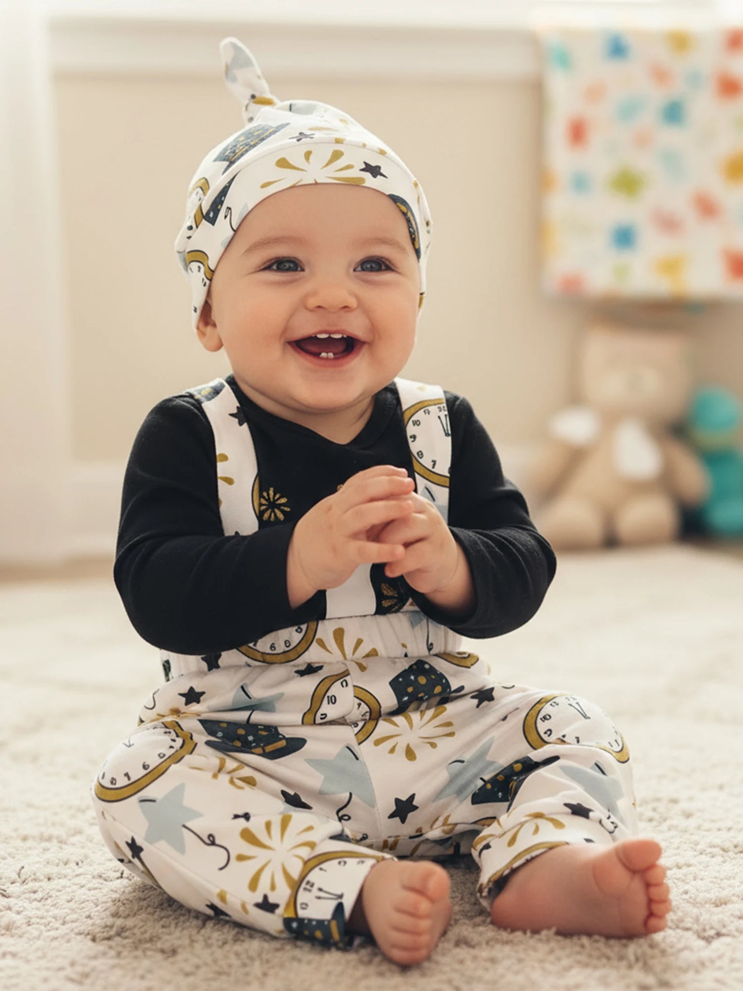 Baby Boy Outfit Long Sleeve Letters Print Romper with Firework Overall Pants and Hat New Year Infant Outfit