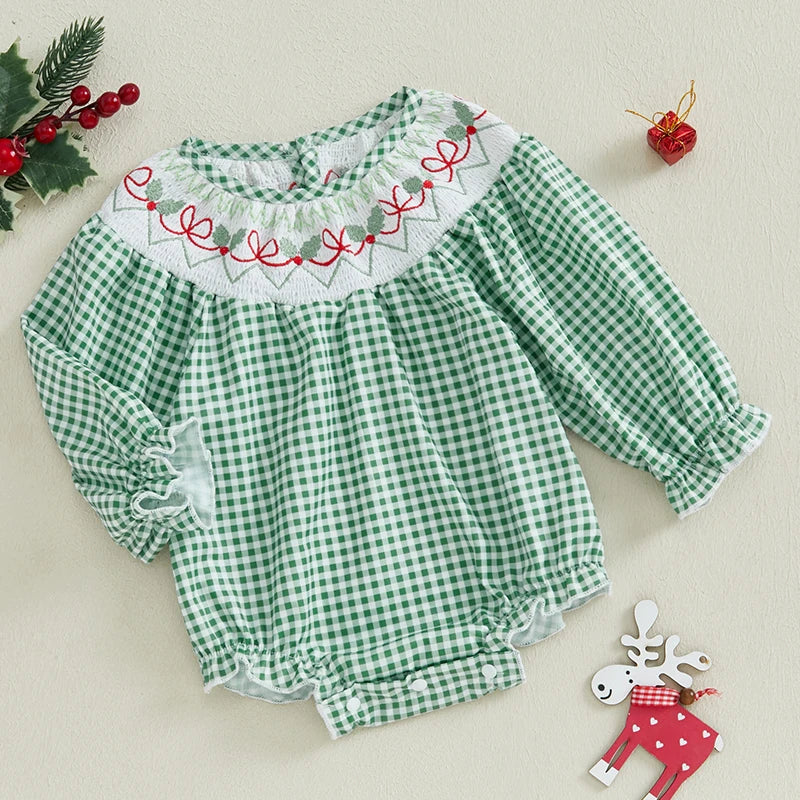 Baby Girls Christmas Romper Long Sleeve Crew Neck Plaid Bodysuit Clothes Casual Daily