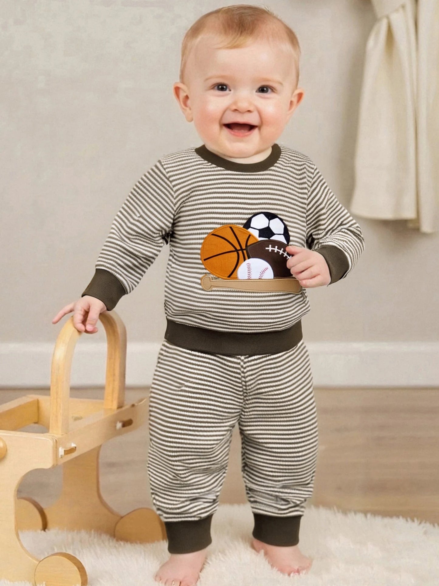Lioraitiin Toddler Baby Boy Fall Outfit Rugby Embroidery Striped Long Sleeve Sweatshirt and Elastic Pants 2 Piece Clothes